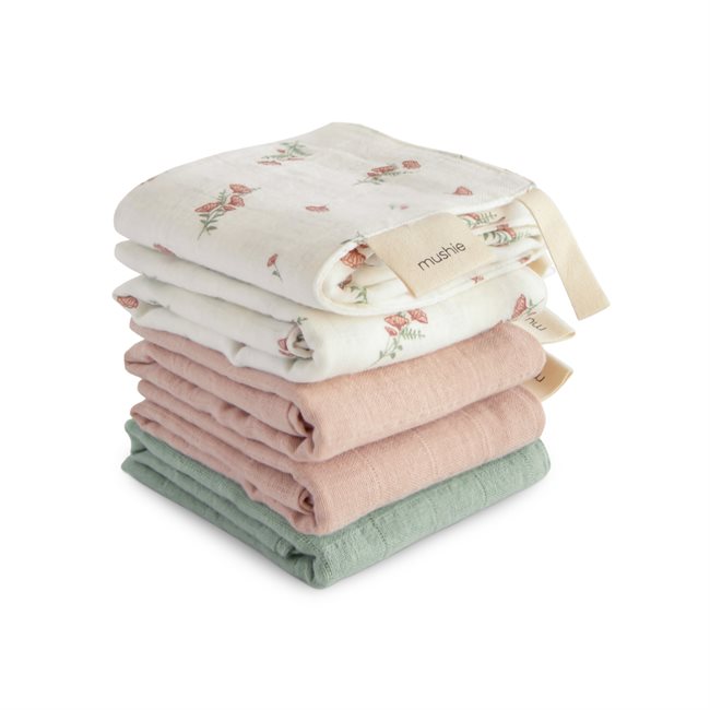 Peceta pambuku Muslin Mushie, set 5 copë - Pink Flowers Combo